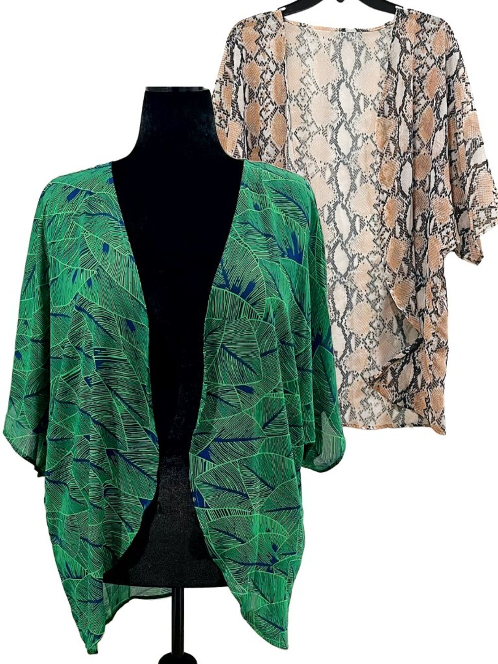 Set of 2 Chiffon Kimono Cardigans XL — Leaf Print & Snake Print Open Front